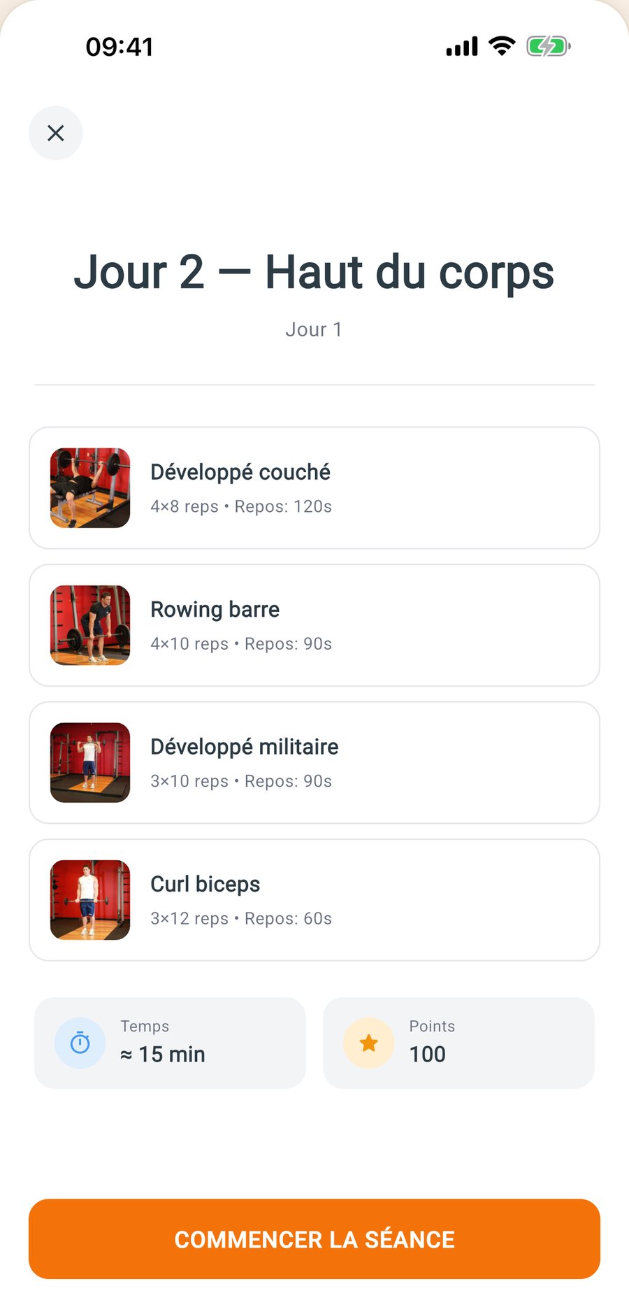 Écran de séance Tribos, jour 2 haut du corps : développé couché, rowing barre, développé militaire et curl biceps, chacun avec ses séries, ses répétitions et son repos