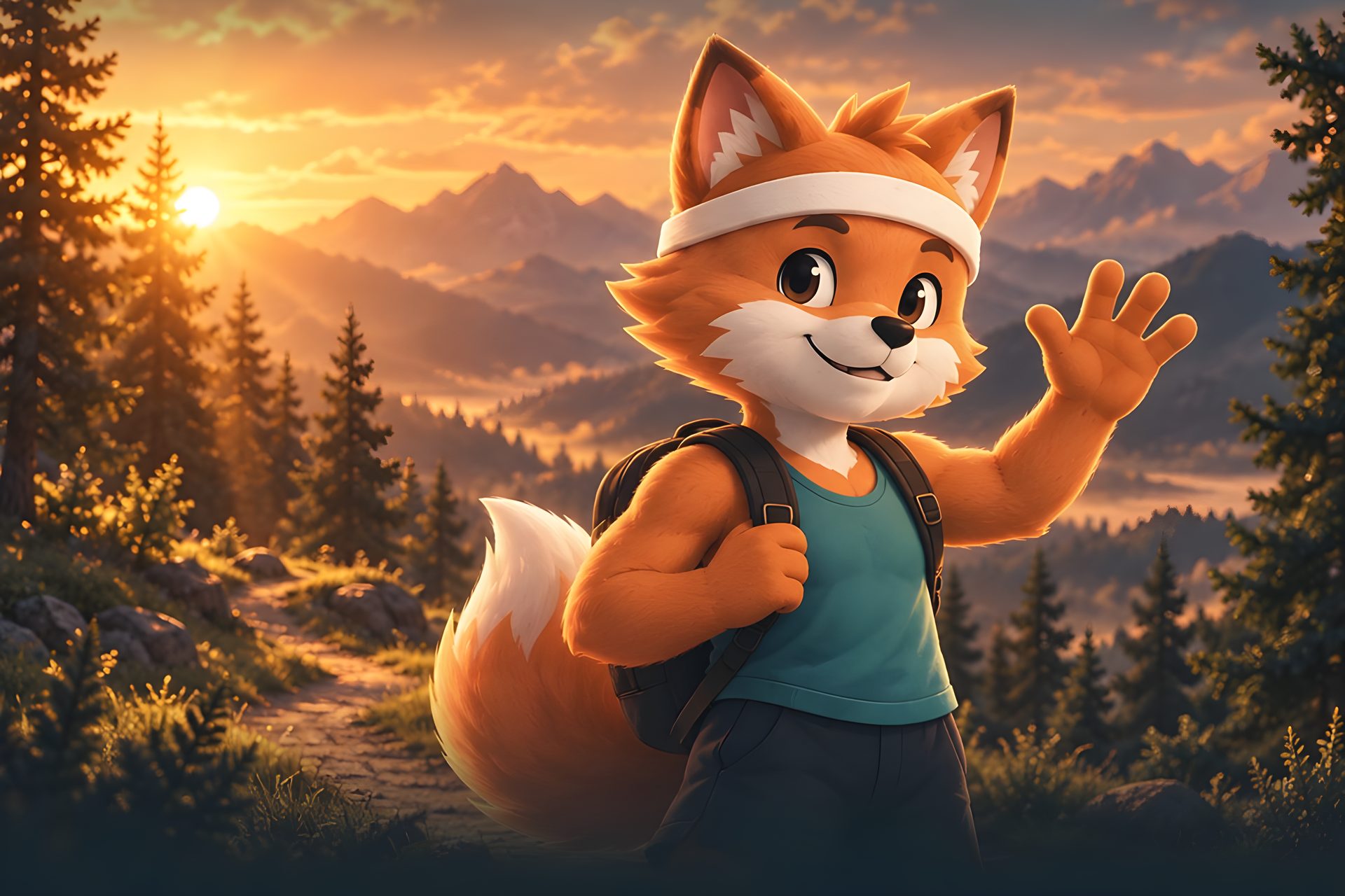 Le renard de Tribos, bandeau blanc et débardeur de sport, salue au bord d’un sentier de montagne au coucher du soleil