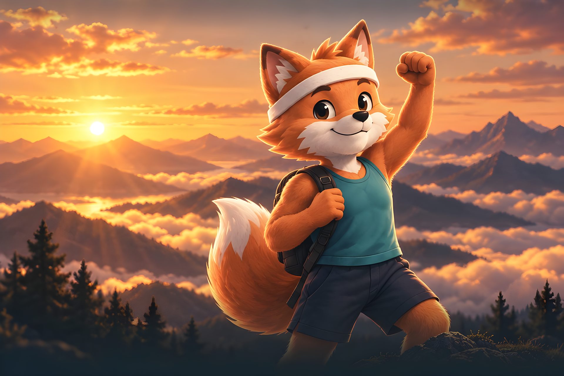 Le renard de Tribos lève le poing au sommet d’une montagne, au-dessus d’une mer de nuages dorée par le soleil couchant